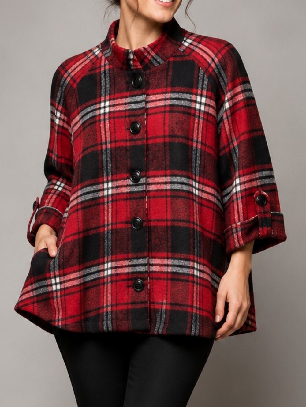 Boho Chic New York Red Plaid Relax Fit Shirt Jacket Tunic  Women Size Medium